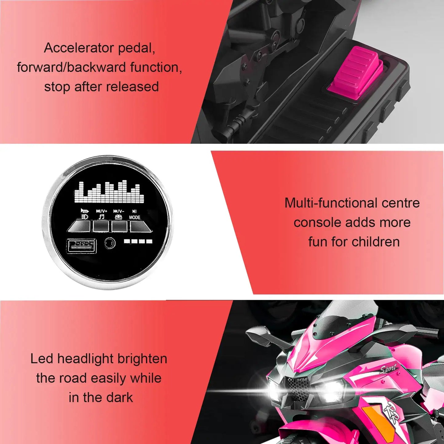 Kids Powered Ride-ons Toy, Kids Motorcycle For 3-6 Years, 12V Electric Ride On Motorcycle With Light Wheel & Bluetooth Music-Pink