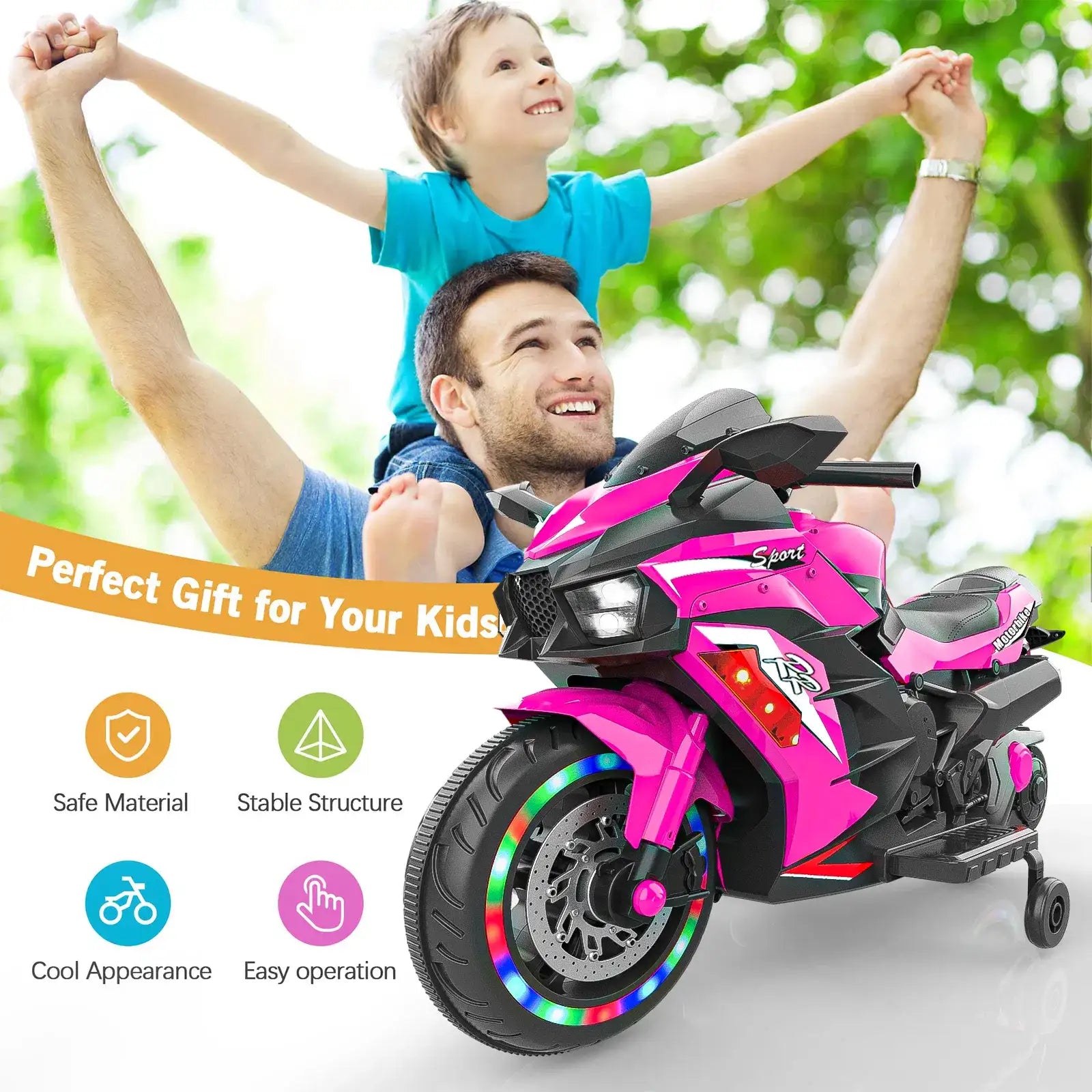Kids Powered Ride-ons Toy, Kids Motorcycle For 3-6 Years, 12V Electric Ride On Motorcycle With Light Wheel & Bluetooth Music-Pink