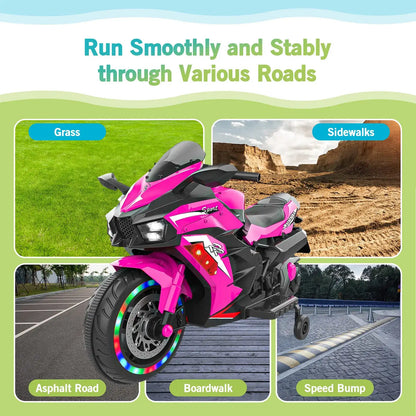 12V Pink Kids Electric Motorcycle | Bluetooth & Light-Up Wheels Kids Powered Ride-ons Toy, Kids Motorcyc | Ectron Online