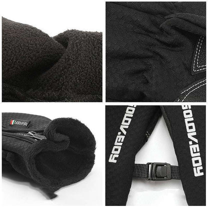 Close-up details of a black fleece jacket with visible branding on a white background.