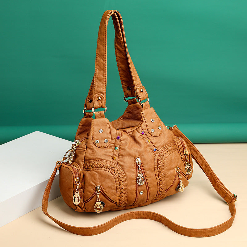 Colored Mosaic Large Capacity Multi-layer Washed Leather Handbag Colored Mosaic Large Capacity Multi-laye | Ectron Online