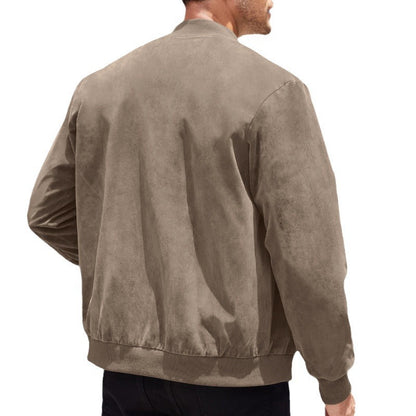 Men’s suede retro jacket in taupe, back view with ribbed waistband and hem.