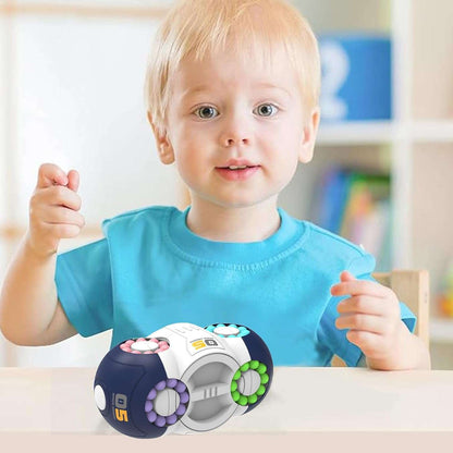 Children’s rotating fidget cube toy with colorful bead rings and gray central opening