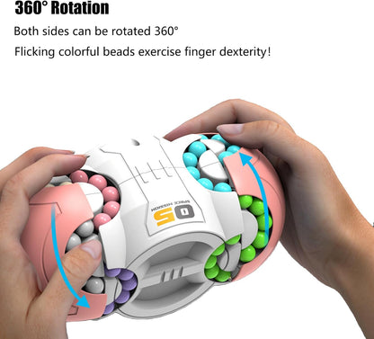 Rotating fidget cube toy with colorful bead rings and gray central opening, held by hands
