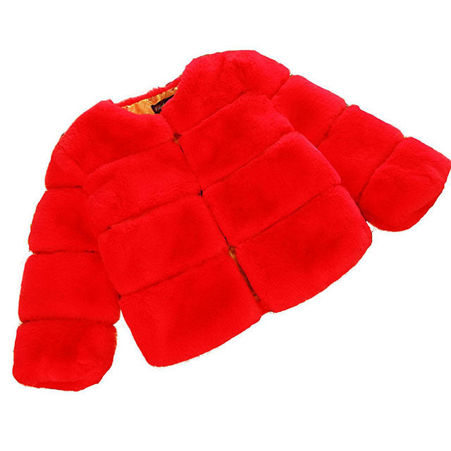 Kids faux fur coat, red quilted puffer with front button closure and long sleeves