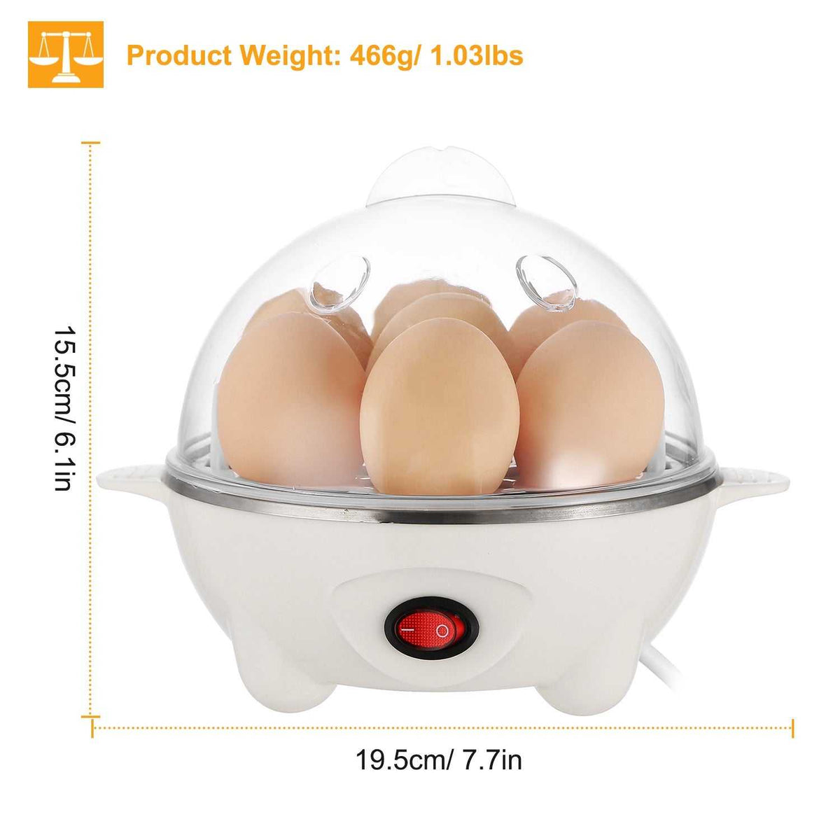 White electric egg cooker with clear dome lid and hard-boiled eggs in the tray