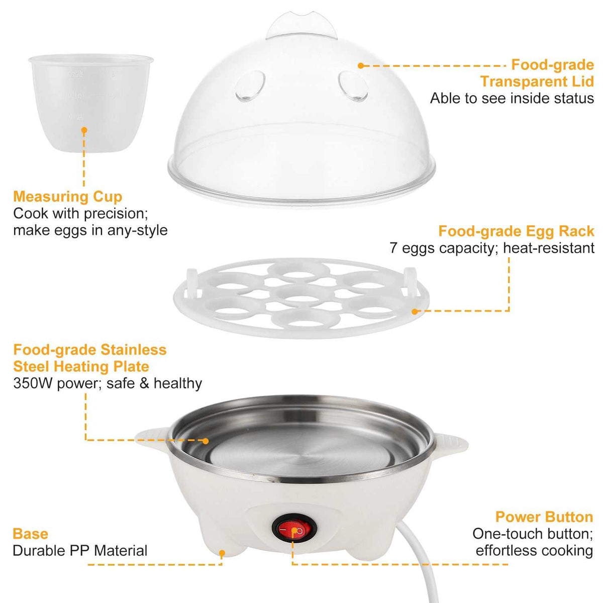 White egg cooker with clear lid, food-grade egg rack, and stainless heating plate