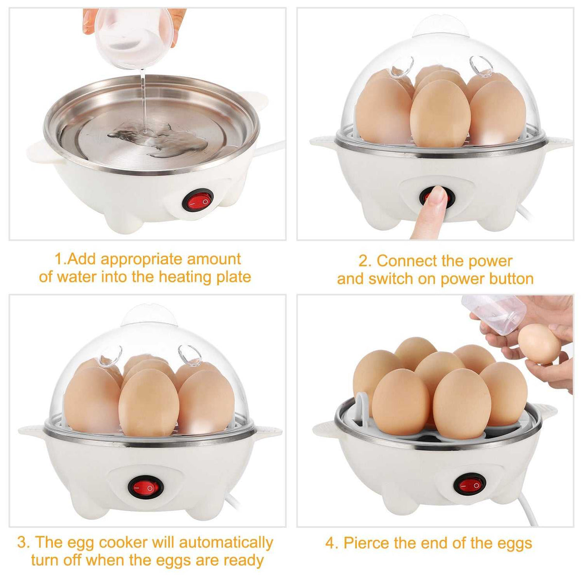 White egg cooker base with red power light and clear dome lid holding eggs