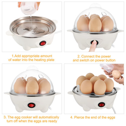 Instruction collage showing a white electric egg cooker with water added, switched on, and eggs