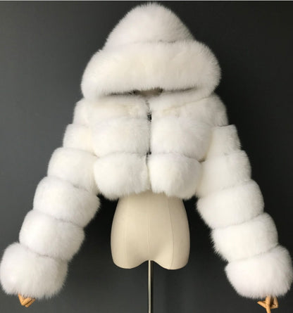 Women's Short Hooded Faux Fur Coat | Trendy Long Sleeve Plush Jacket Short hooded faux fur long sleeve coat | Ectron Online