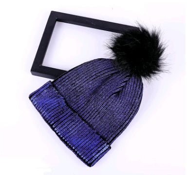 Autumn and winter new hat color hair ball knit hat men and women warm gold silver shiny wool hat