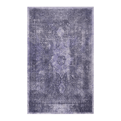 Washable blue-gray area rug with distressed medallion motif and centered border