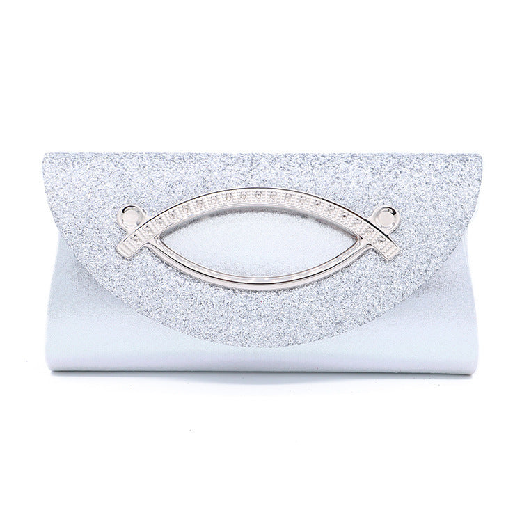 Light silver sequin clutch bag with silver oval clasp and snap front