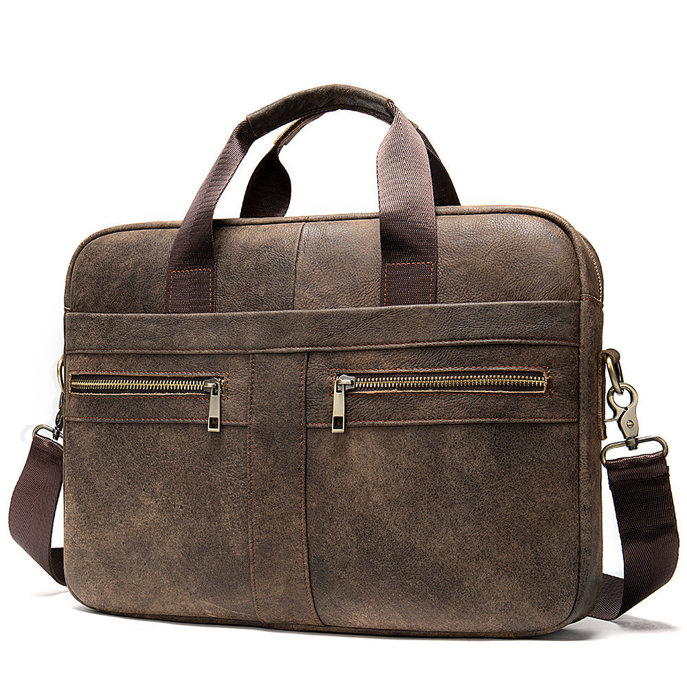 Men's taupe leather briefcase with two front zip pockets and shoulder strap
