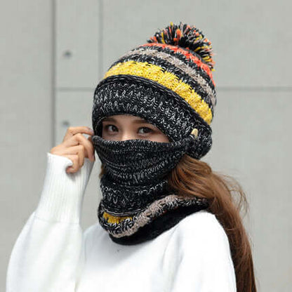 Korean winter knitted hat with black knit beanie, yellow stripe, and ribbed neck warmer