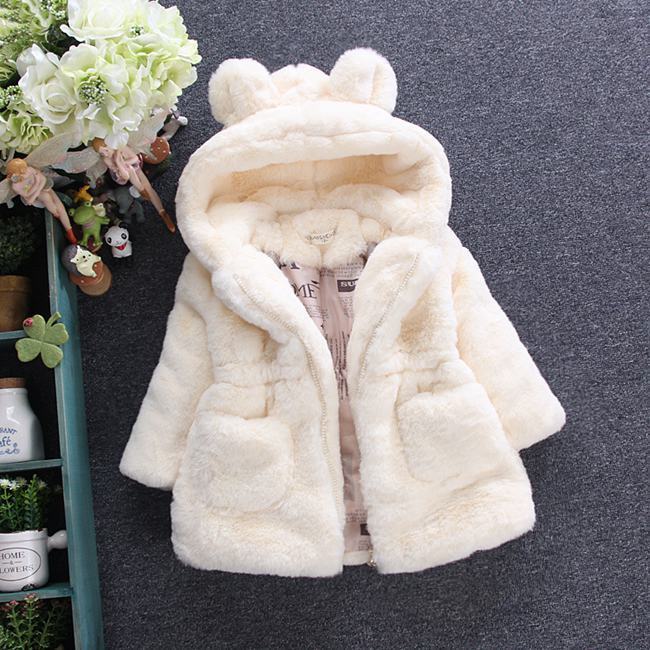 Girls' white fur coat with bear-ear hood, front zipper, and quilted plush texture