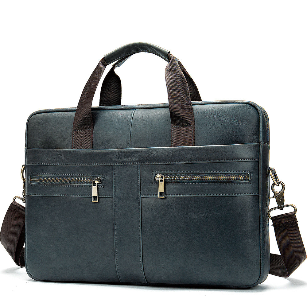 Men's blue leather briefcase with two front zip pockets and shoulder strap