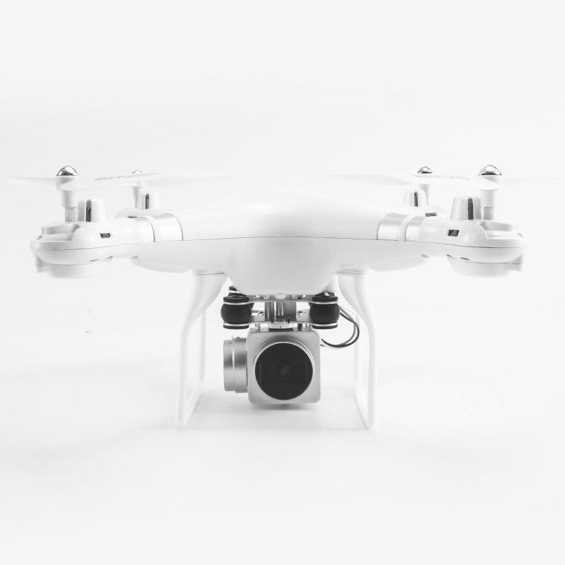 White quadcopter drone with front camera gimbal and four propellers