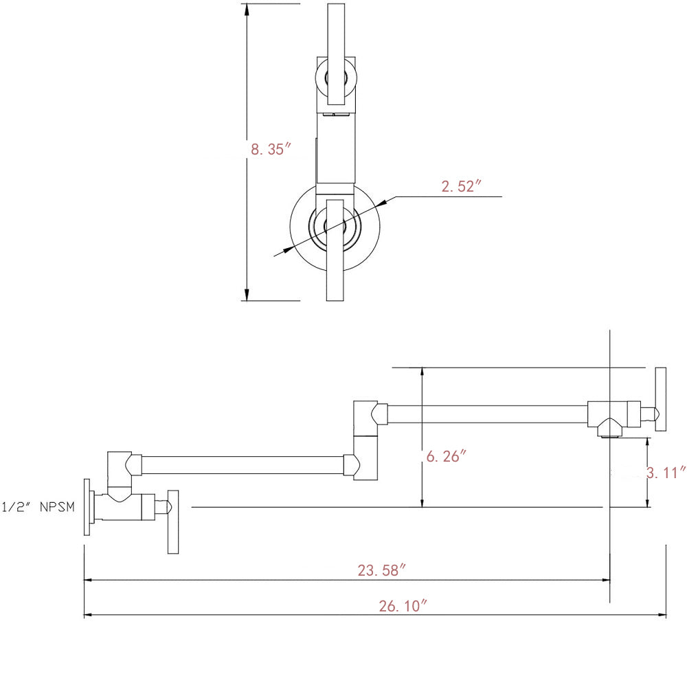 Matte black pot filler faucet dimension diagram with measurements