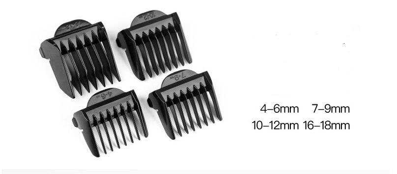 Set of black hair clipper combs with size measurements on a white background