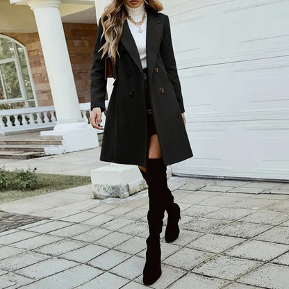 Women's Wool-Like Double-Breasted Coat | Mid-Length Notch Lapel Jacket Women's Solid Color Double-Breasted Wool | Ectron Online