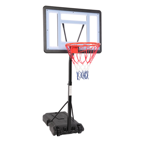 Basketball hoop with red rim and blue net, clear backboard, tripod-style base
