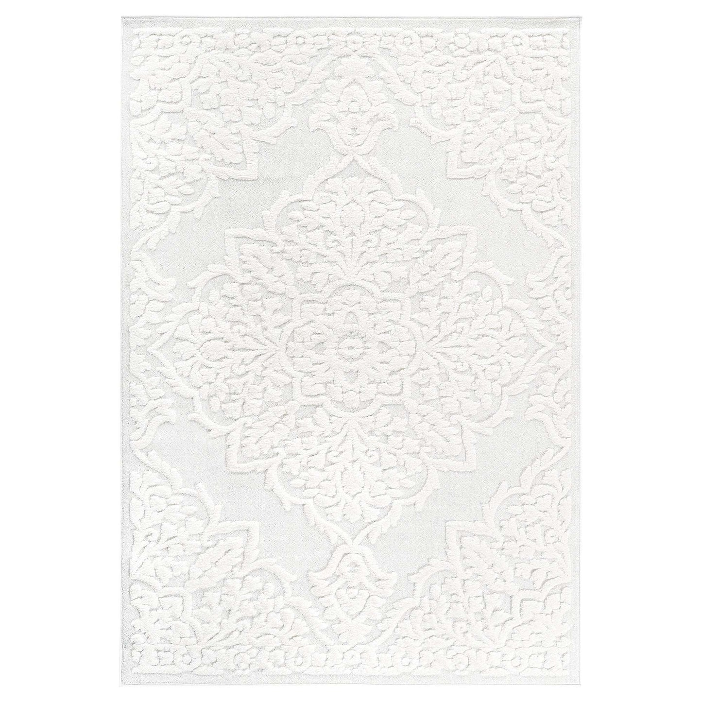 Cream rectangular area rug with central medallion and scrollwork pattern