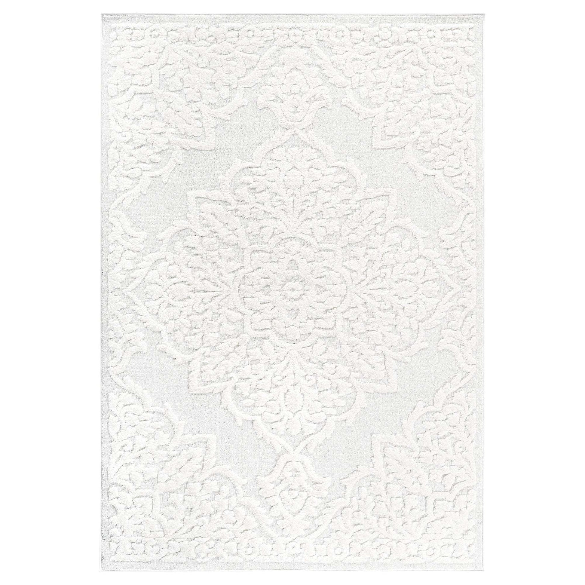 Cream rectangular area rug with central medallion and scrollwork pattern