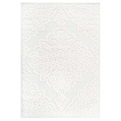 Cream rectangular area rug with central medallion and scrollwork pattern