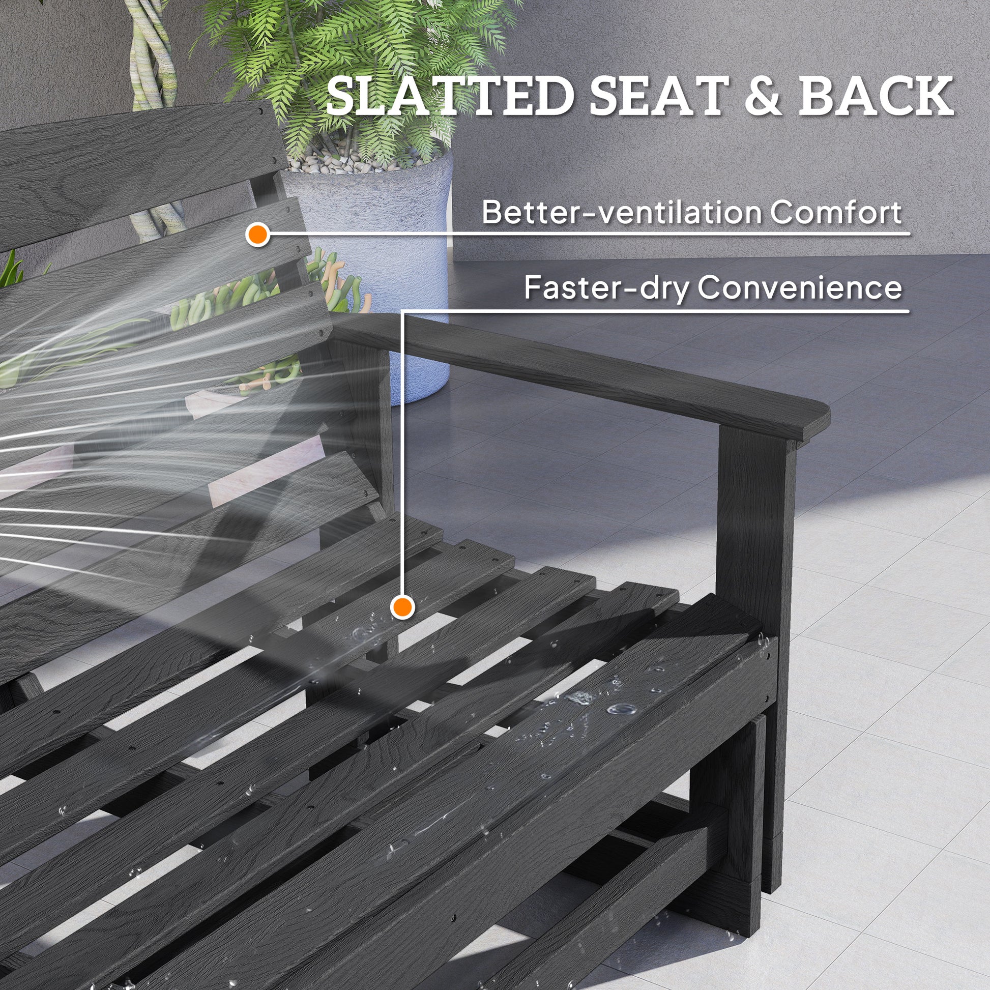 Distressed black glider bench showing slatted seat and back panels