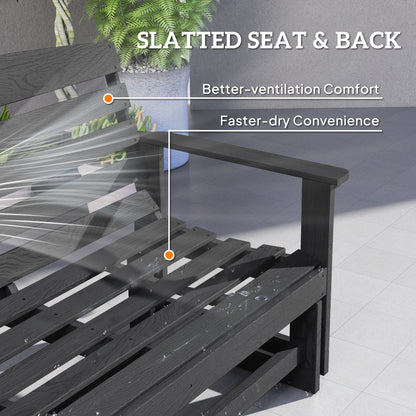 Distressed black glider bench showing slatted seat and back panels