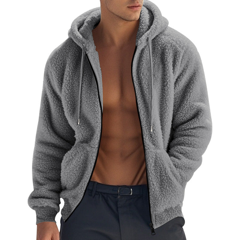 Light gray sherpa fleece zip hoodie with drawstring hood