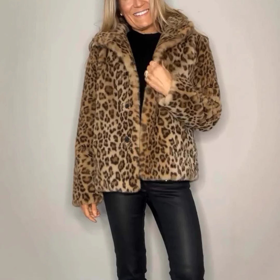 Women's Leopard Print Faux Leather Jacket | Woolen Lapel Winter Top