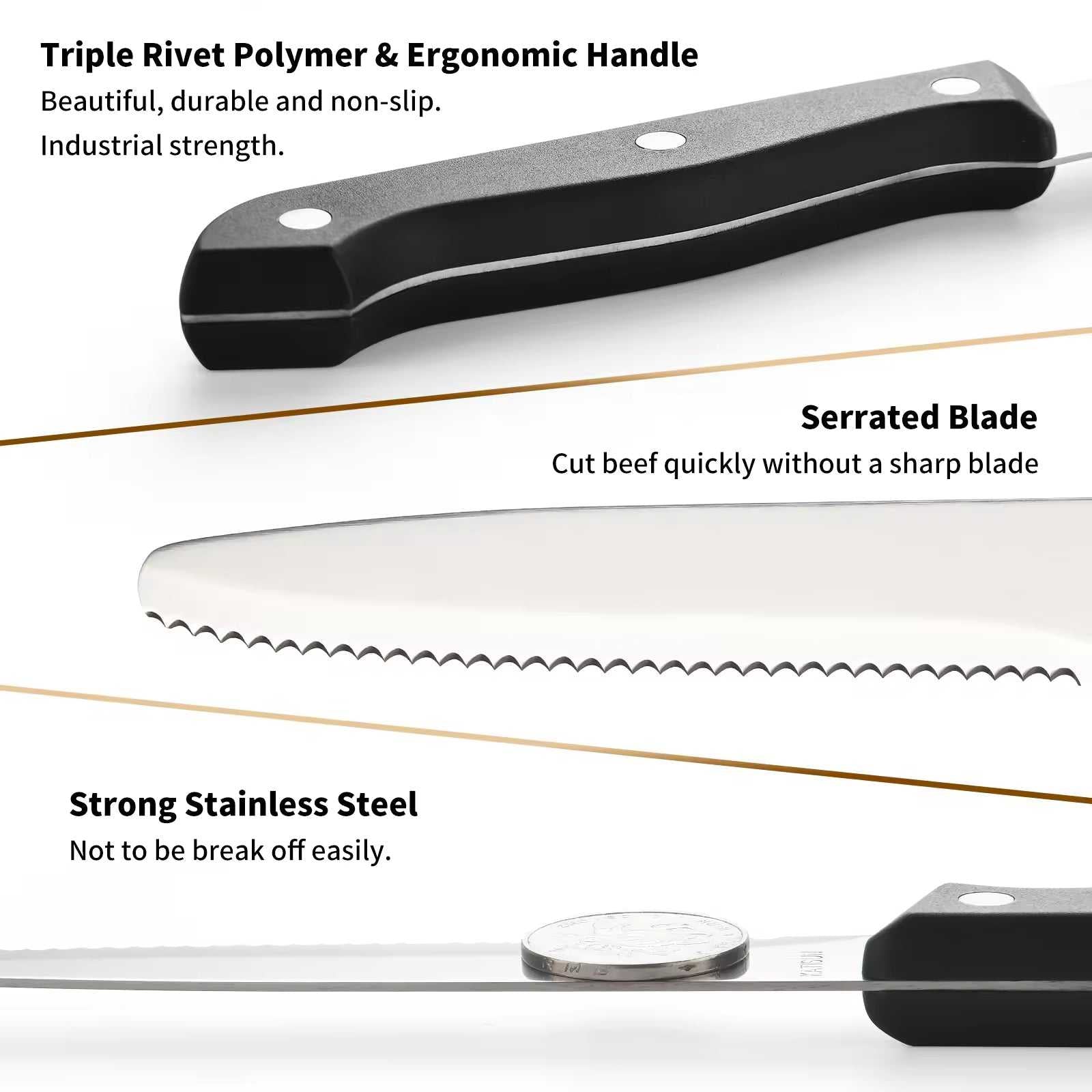 Stainless steak knife with black ergonomic handle and serrated blade edge