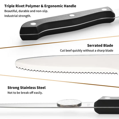 Serrated steak knife with black ergonomic, riveted handle and white blade