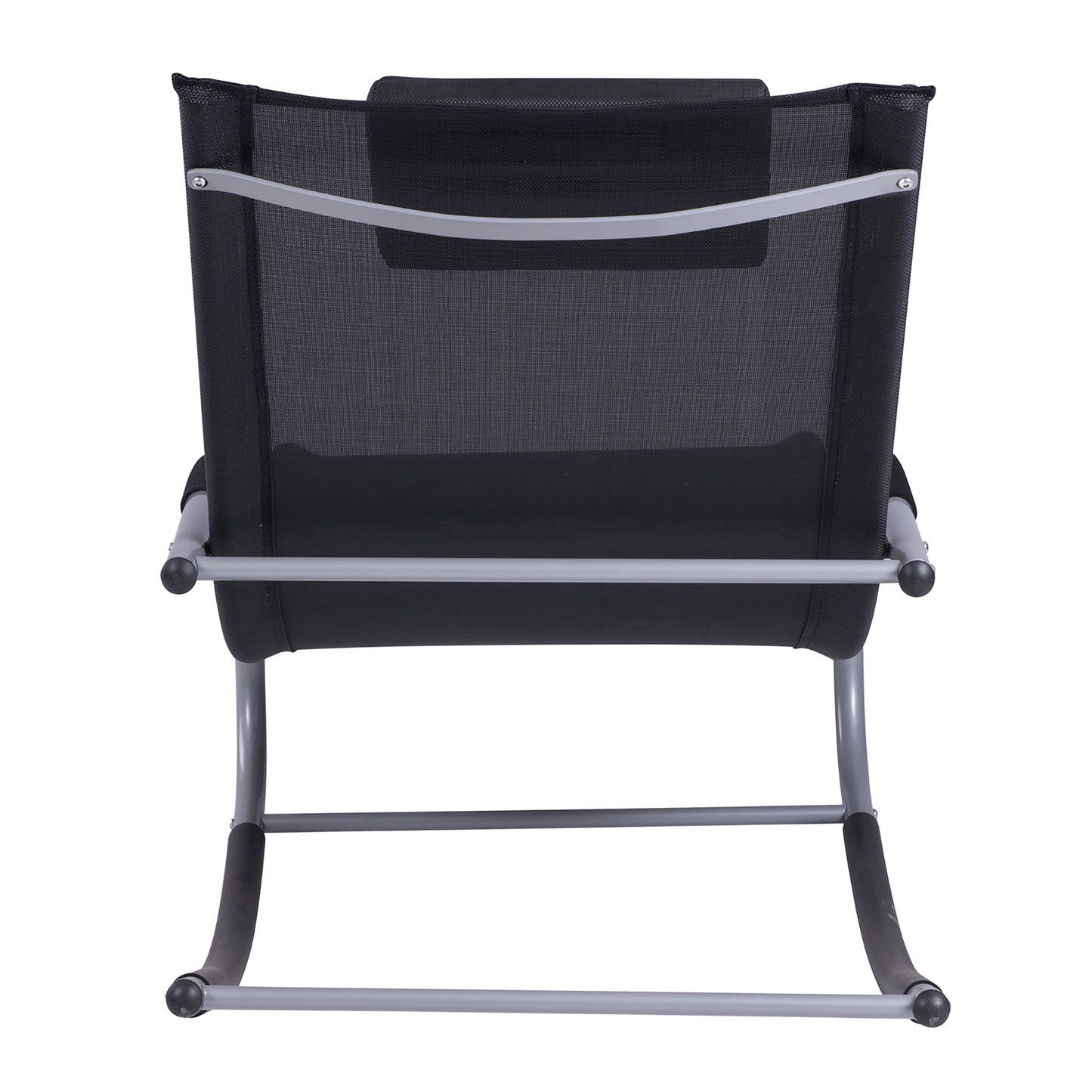 Black outdoor rocking lounge chair with mesh sling seat, padded headrest, and gray steel frame