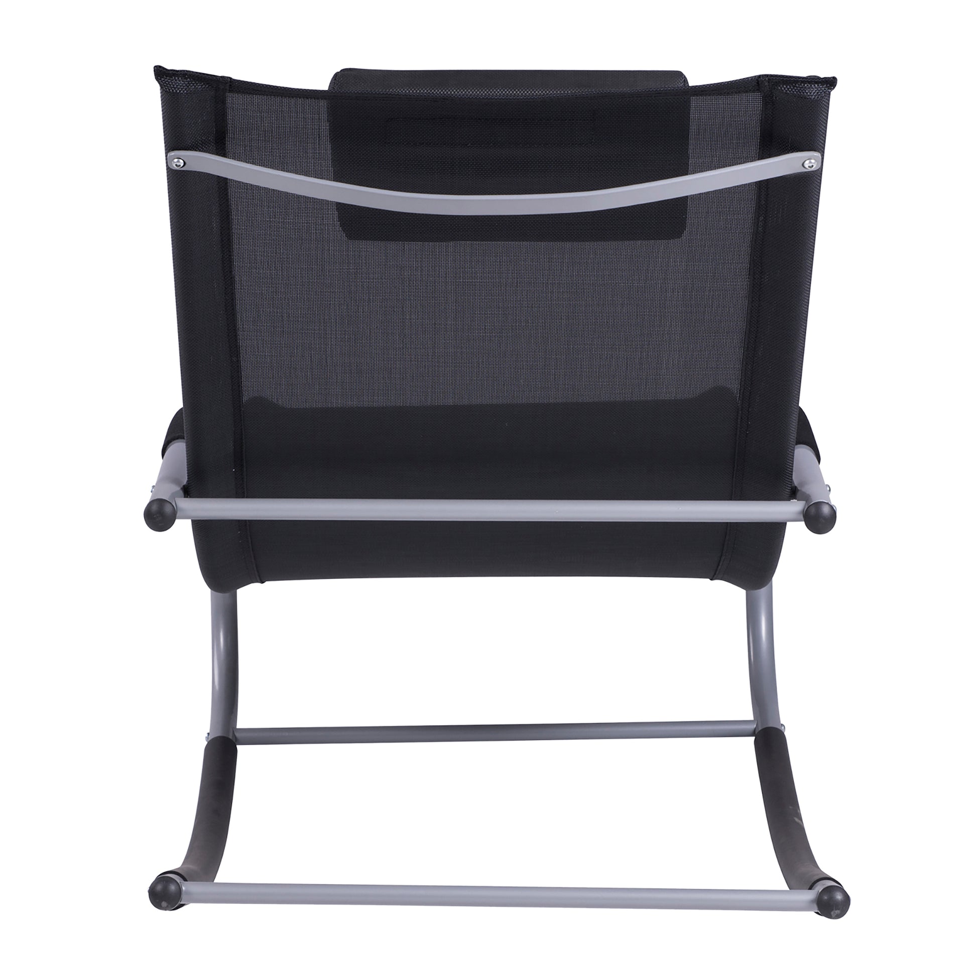 Black outdoor rocking lounge chair with mesh sling seat, padded headrest, and gray steel frame