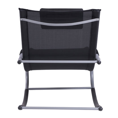 Black outdoor rocking lounge chair with mesh sling seat, padded headrest, and gray steel frame