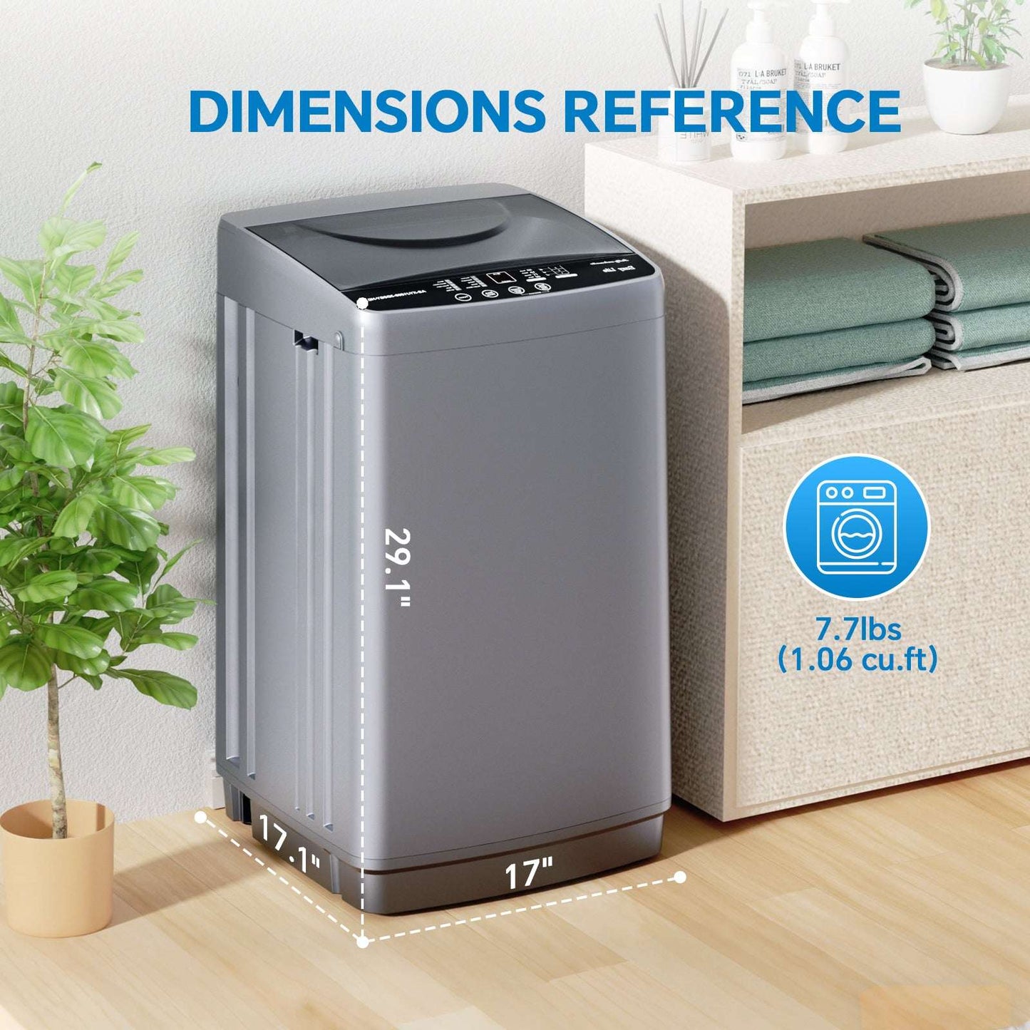 Portable washing machine, gray compact body with top lid and dimension markers