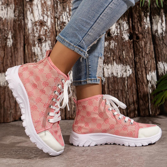 Rose-printed Lace-up Boots Fashion Breathable Canvas Shoes Sports Casual Non-slip Thick-soled Short Boot For Women