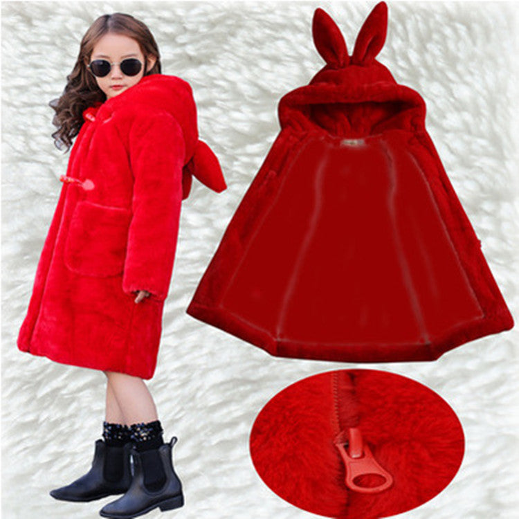 Red faux fur coat with bunny-ears hood, flared hem, and patch pockets