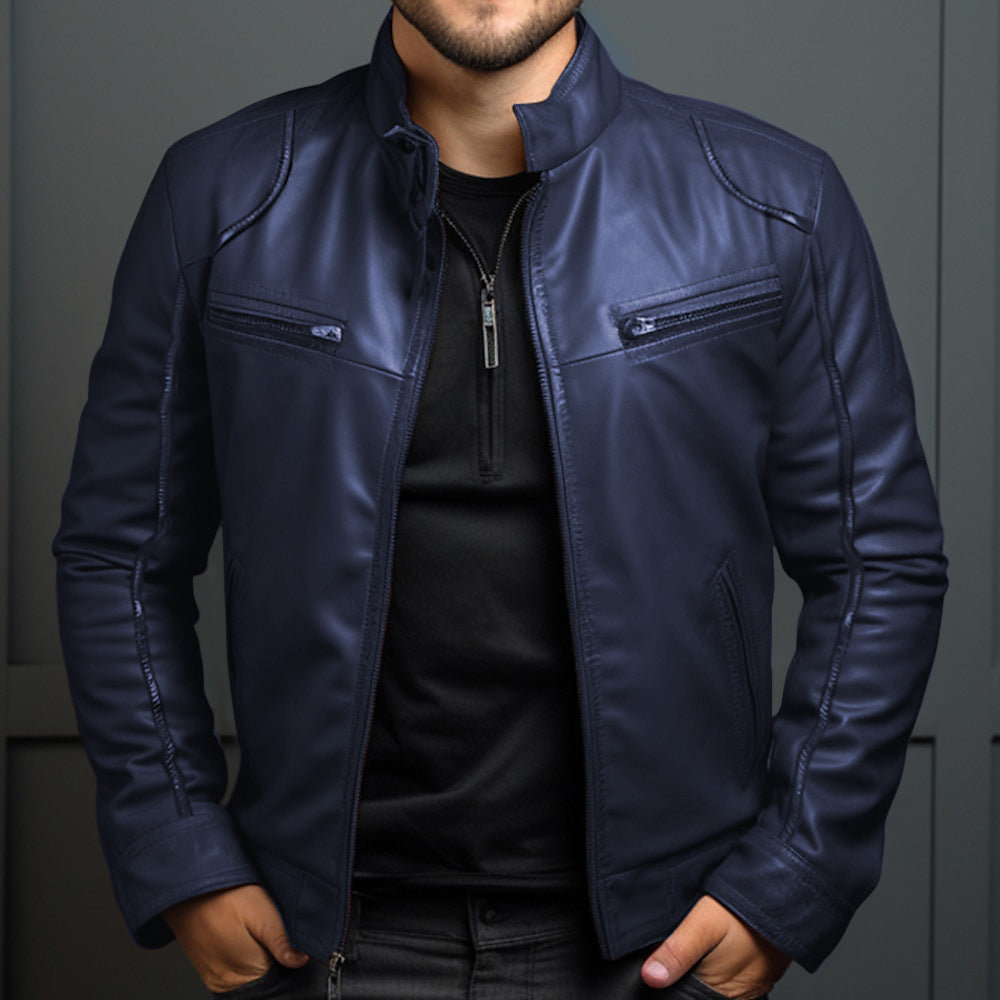Men's Leather Motorcycle Jacket Men's Stand Collar Motorcycle Leather Ja | Ectron Online