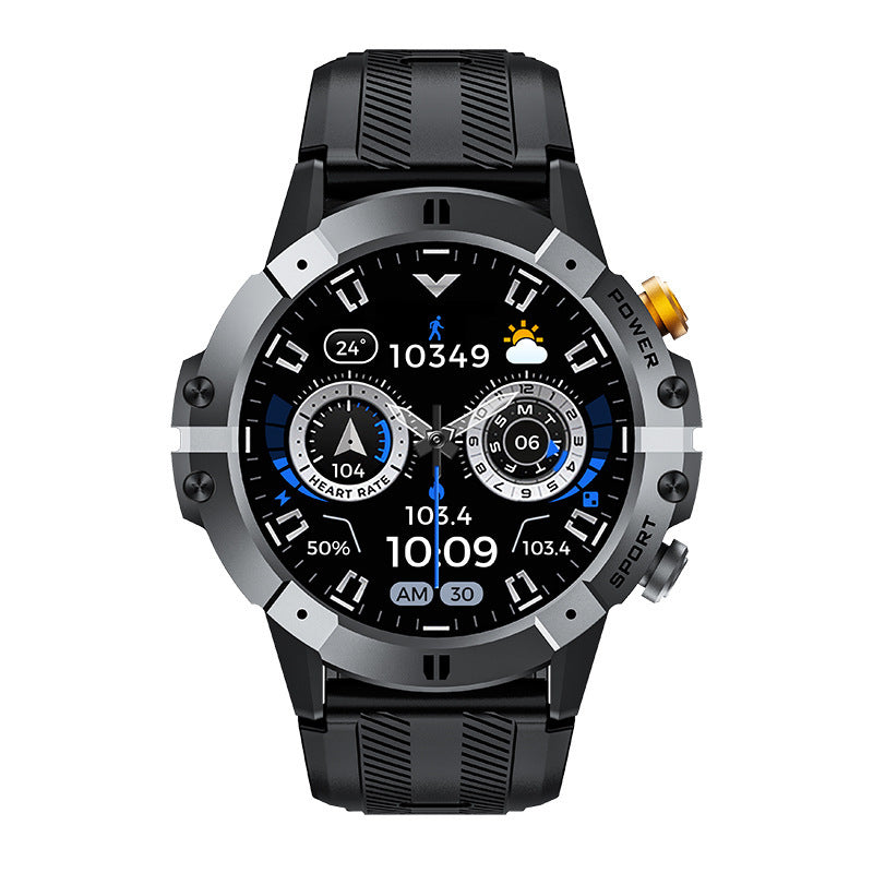 Bluetooth calling smartwatch with dark case and black rubber band
