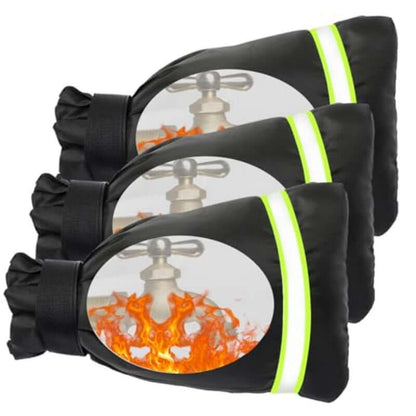 Three black outdoor faucet covers with neon green reflective strips and ruffled edges