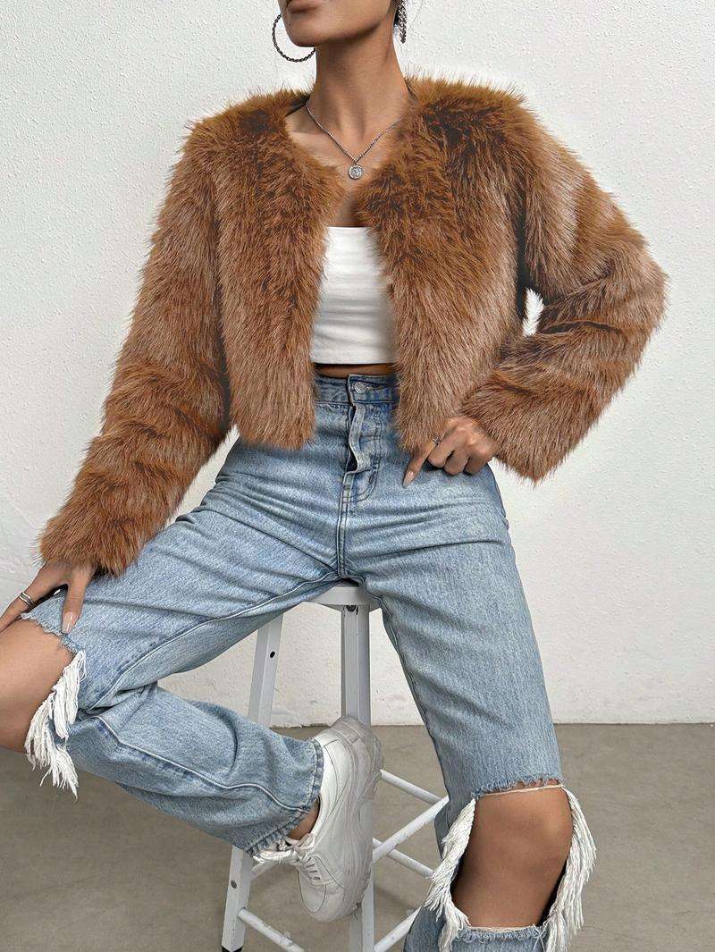 Faux fur short coat in tan brown, long sleeves, open front, cropped