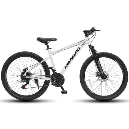 White mountain bike with black seat, knobby tires, and front disc brake