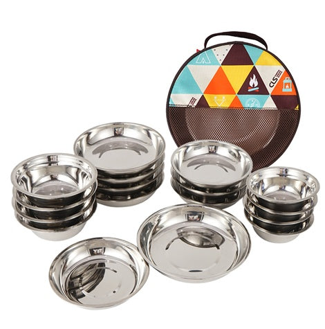 Stainless Steel Dinner Plate 17-piece Set Camping Barbecue Tableware Portable Plate Soup Bowl Dish Bowl Set