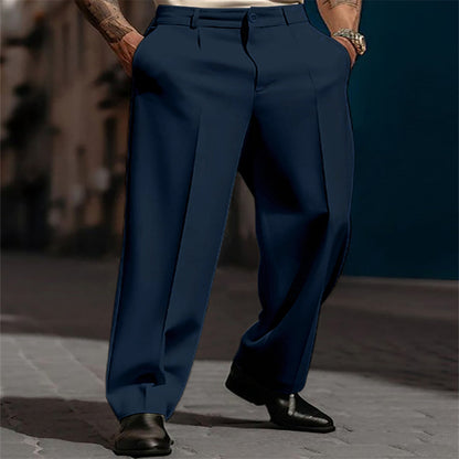 Men's straight-leg suit pants in navy blue, flat front, belt loops, tailored hem