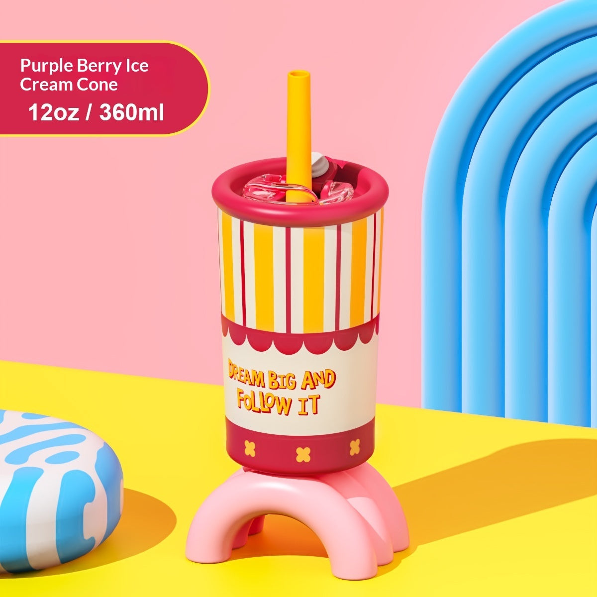 Kids leak-proof water bottle with striped cone-style print, yellow straw, and 360ml