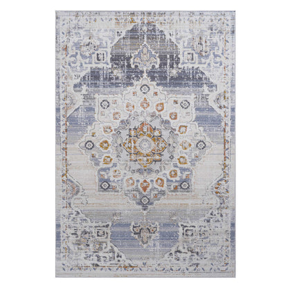 Cream and gold center medallion area rug with navy-blue distressed pattern.